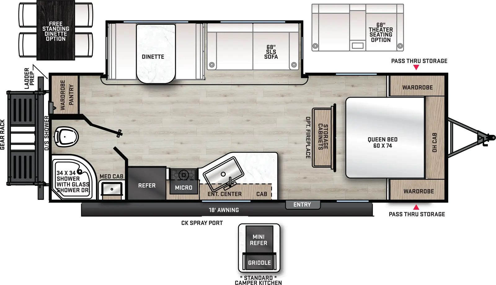 The 243RBS has one slide out and one entry. Exterior features a 15 foot awning, front pass-thru storage, outside shower, and rear cargo rack. Interior layout front to back: foot facing queen bed with overhead cabinet, and wardrobes on each side; entertainment center along inner wall; off-door side slide out with sofa and dinette; door side entry, breakfast bar, kitchen counter with sink, overhead cabinet, microwave, cooktop and refrigerator; door side full bathroom with medicine cabinet; off-door side rear pantry/wardrobe. Optional free standing dinette available in place of standard dinette. Optional fireplace available below entertainment center.